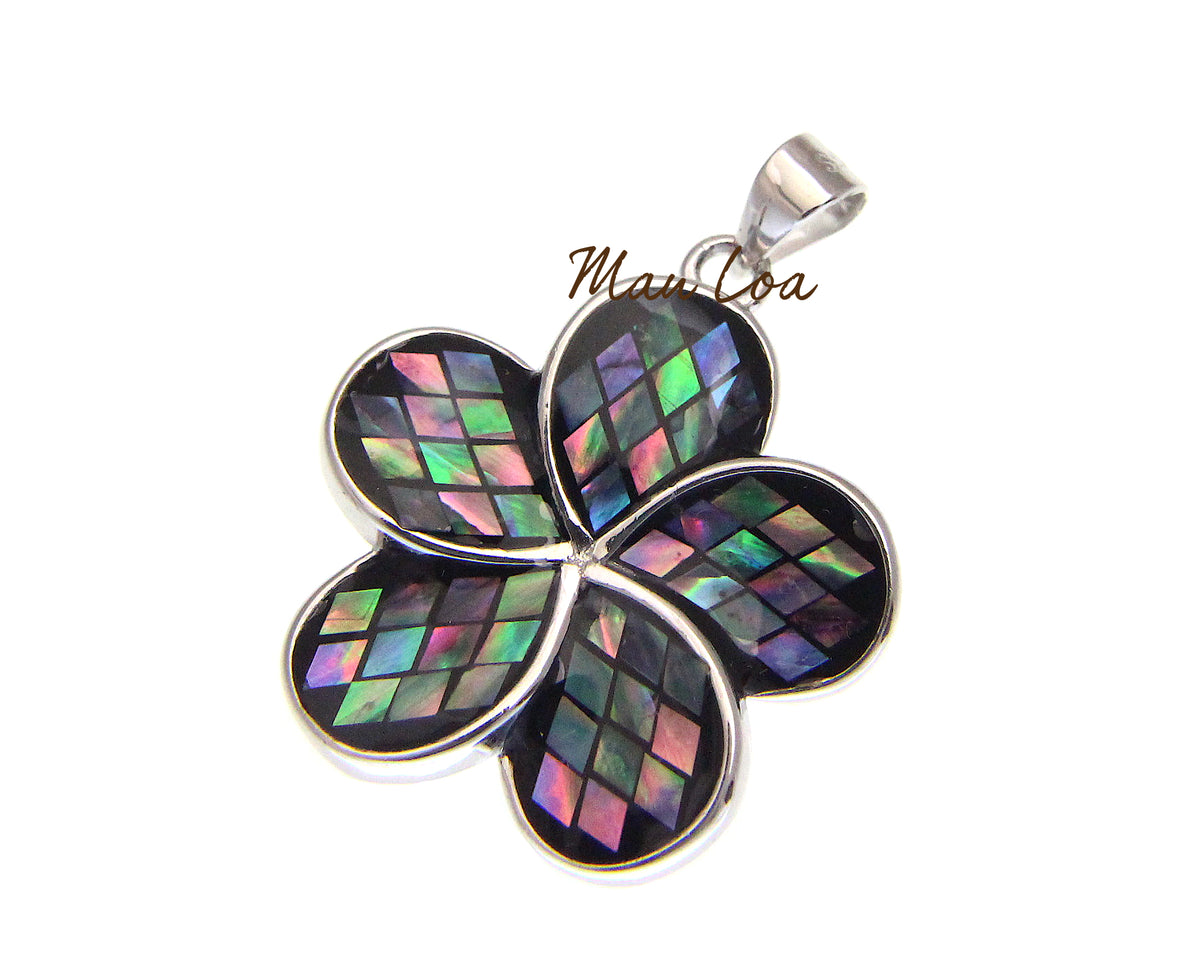 925 Sterling Silver Hawaiian Plumeria 22mm Flower Abalone Paua Shell Pendant