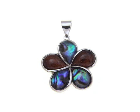 925 Sterling Silver Hawaiian Koa Wood Plumeria Flower Abalone Paua Shell Pendant