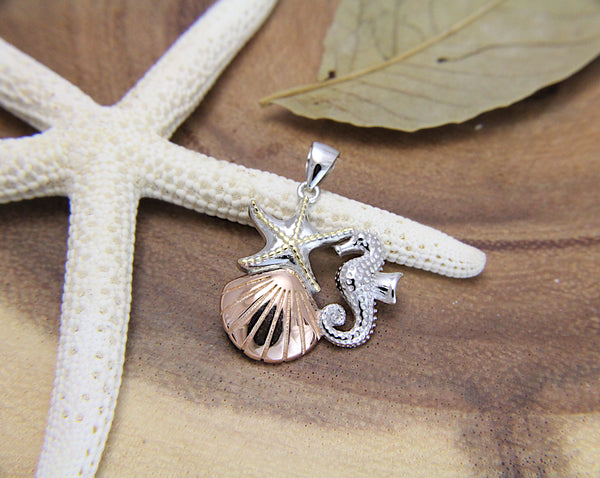 925 Silver Tricolor Hawaiian Sealife Starfish Seahorse Sunrise Shell Pendant