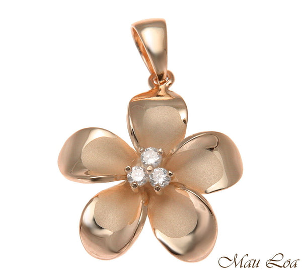 925 Sterling Silver Pink Rose Gold Hawaiian Plumeria Flower 3 CZ Pendant 12-30mm