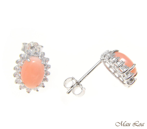 925 Sterling Silver Rhodium CZ Genuine Natural 5x7mm Oval Pink Coral Earrings