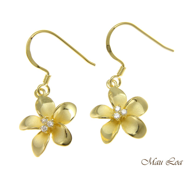 925 Sterling Silver Yellow Gold Hawaiian Plumeria Flower 3 CZ Wire Hook Earrings