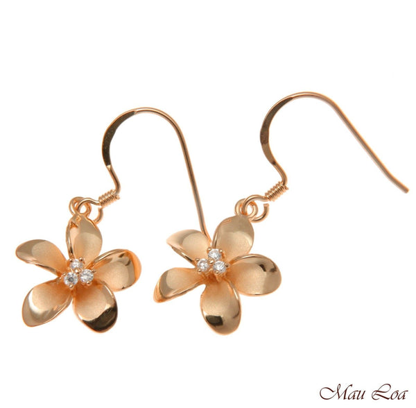 925 Silver Pink Rose Gold Hawaiian Plumeria Flower 3 CZ Wire Hook Earrings