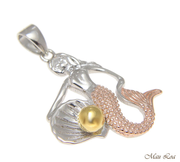 925 Sterling Silver Tricolor Hawaiian Mermaid Pearl Shell Oyster Pendant Charm