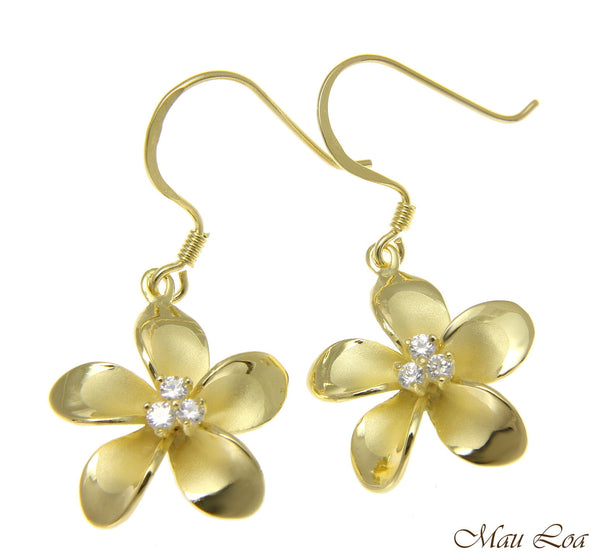 925 Sterling Silver Yellow Gold Hawaiian Plumeria Flower 3 CZ Wire Hook Earrings