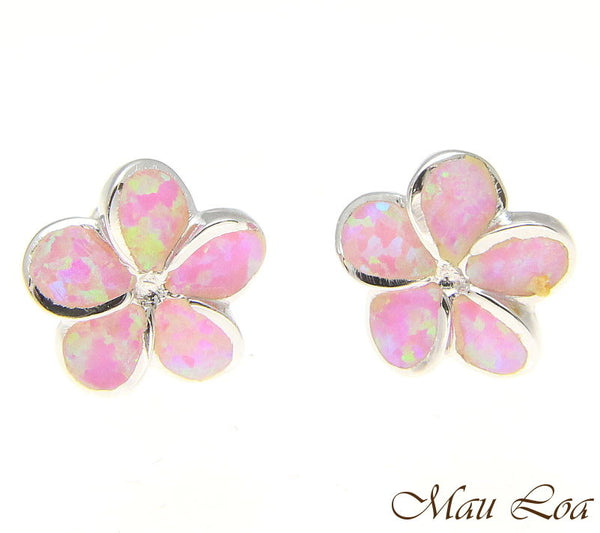 925 Silver Rhodium Hawaiian Plumeria Flower Pink Opal Post Stud Earrings 8-15mm