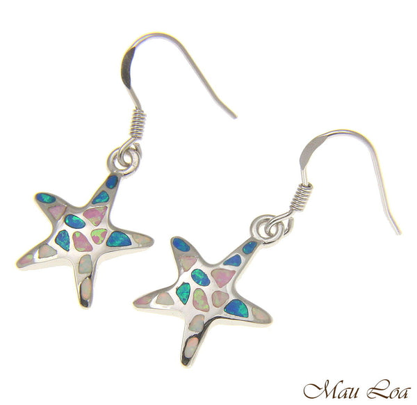 925 Silver Rhodium Hawaiian Starfish Sea Star Multi Opal Hook Wire Earrings