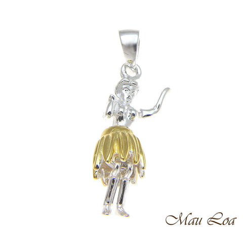 925 Sterling Silver Hawaiian Hula Girl Dancer Movable Yellow Gold 2 Tone Pendant