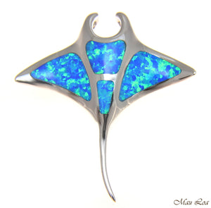 925 Sterling Silver Rhodium Hawaiian Large Manta Ray Blue Opal Slider Pendant