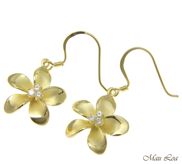 925 Sterling Silver Yellow Gold Hawaiian Plumeria Flower 3 CZ Wire Hook Earrings