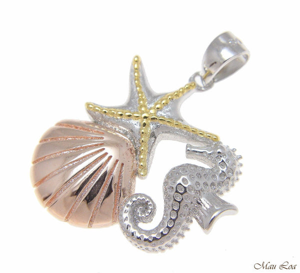 925 Silver Tricolor Hawaiian Sealife Starfish Seahorse Sunrise Shell Pendant