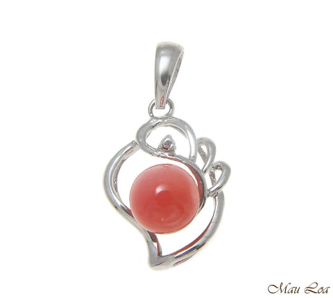 925 Sterling Silver Rhodium Genuine Natural 6mm Round Pink Coral Pendant