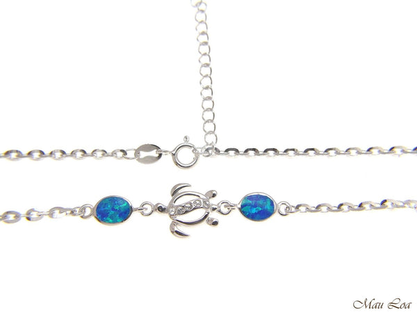 925 Silver Rhodium Hawaiian Sea Honu Turtle CZ Blue Opal Link Chain Bracelet 7"+