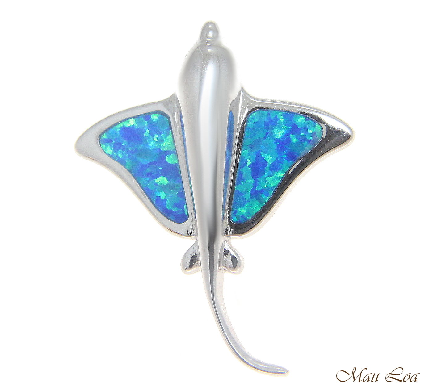 925 Sterling Silver Rhodium Hawaiian 23mm Stingray Fish Blue Opal Slider Pendant