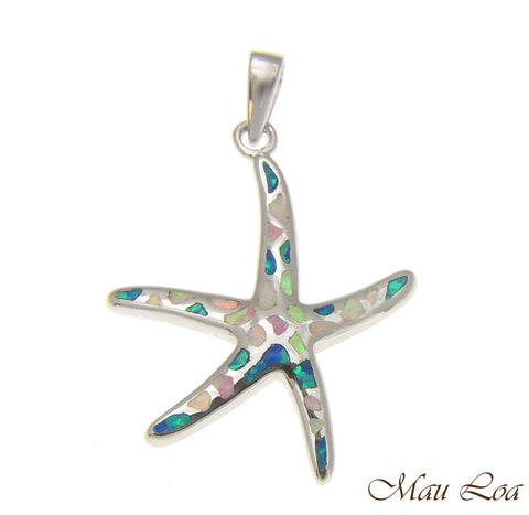 925 Silver Rhodium Hawaiian Starfish Sea Star Multi Blue White PInk Opal Pendant