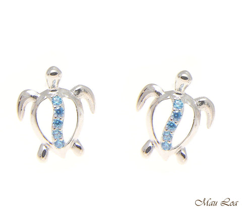 925 Sterling Silver Blue Topaz Hawaiian Honu Turtle Post Stud Earrings