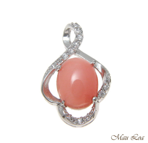 925 Sterling Silver Rhodium CZ Genuine Natural Oval 7x9mm Pink Coral Pendant