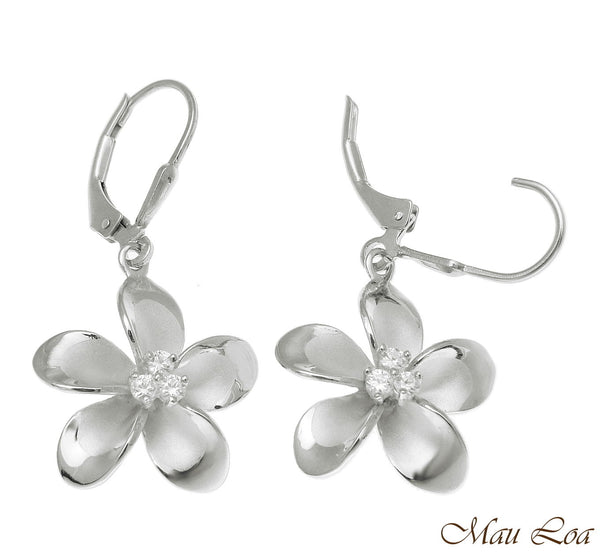 925 Sterling Silver Rhodium Hawaiian Plumeria Flower 3 CZ Leverback Earrings