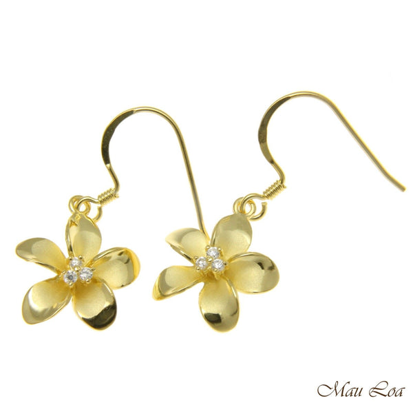 925 Sterling Silver Yellow Gold Hawaiian Plumeria Flower 3 CZ Wire Hook Earrings