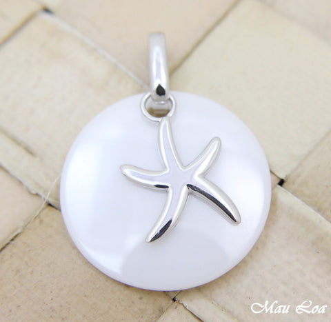 925 Silver Rhodium Hawaiian Starfish Sea Star White Ceramic Circle Round Pendant