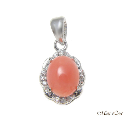 925 Sterling Silver Rhodium CZ Genuine Natural Oval 7x9mm Pink Coral Pendant