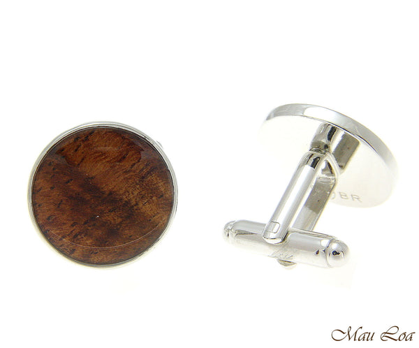 Koa Wood Hawaiian Rhodium Silver Plated Brass 18mm Circle Round Cufflink