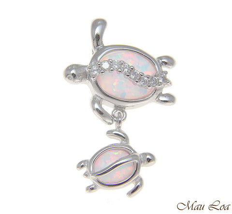 925 Silver Rhodium Hawaiian Honu Turtle Family Mom Baby Opal CZ Slider Pendant