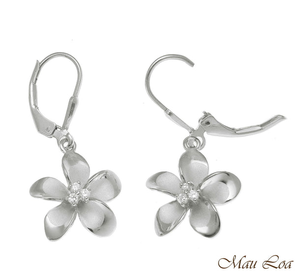 925 Sterling Silver Rhodium Hawaiian Plumeria Flower 3 CZ Leverback Earrings