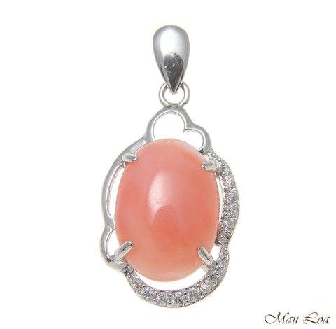 925 Sterling Silver Rhodium CZ Genuine Natural Oval 10x14mm Pink Coral Pendant