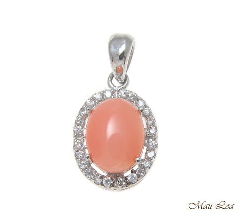 925 Sterling Silver Rhodium CZ Genuine Natural Oval 7x9mm Pink Coral Pendant