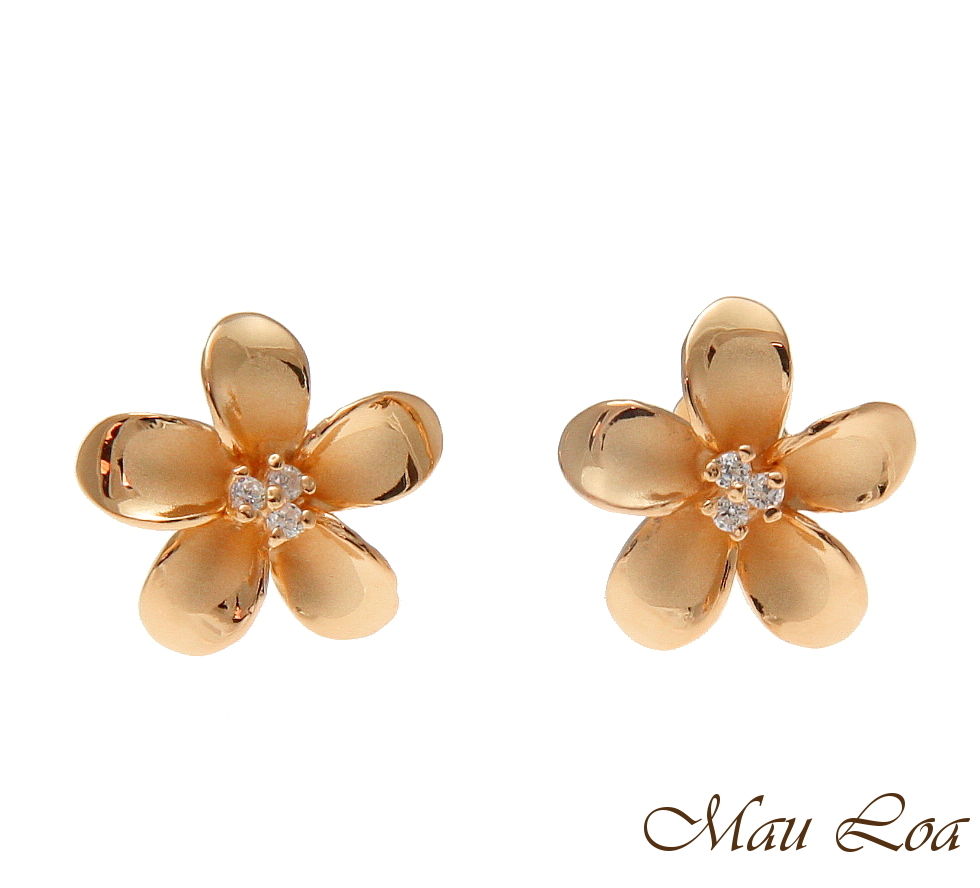 925 Silver Pink Rose Gold Hawaiian Plumeria Flower 3 CZ Stud Post Earrings