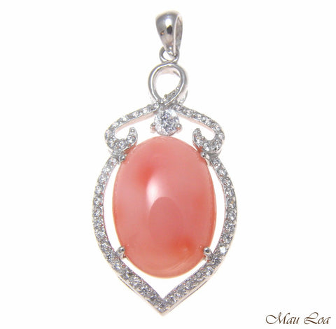 925 Sterling Silver Rhodium CZ Genuine Natural Oval 12x18mm Pink Coral Pendant