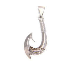 Fine Engraved Sterling Silver Female Two Sided Hawaiian Serrated Fish Hook  Pendant